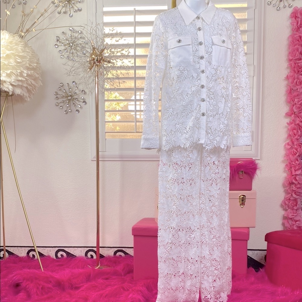 Luxe White Eyelet Lace 2-Piece Set with Crystal Buttons